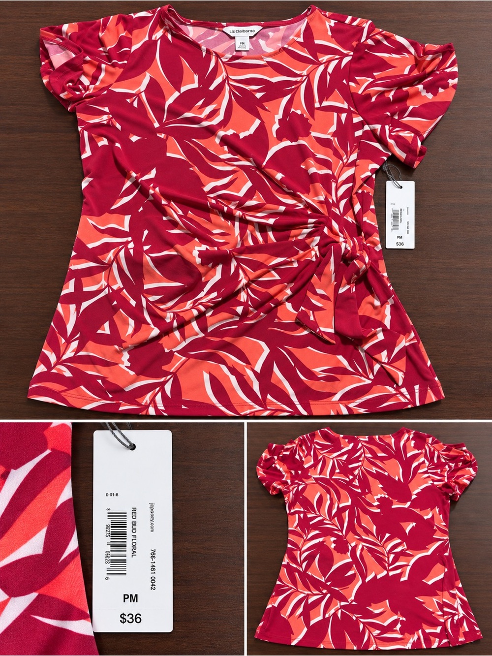 Liz Claiborne Red and Coral Leaf-Print Short Sleeve Knot Top